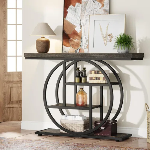 Vista 3 de Tribesigns Mesa de Consola de 41.3", Mesa Industrial de 4 Niveles para Sofá Mesa de Entrada con Base Circular, Mesas de Acento de Madera Estrechas