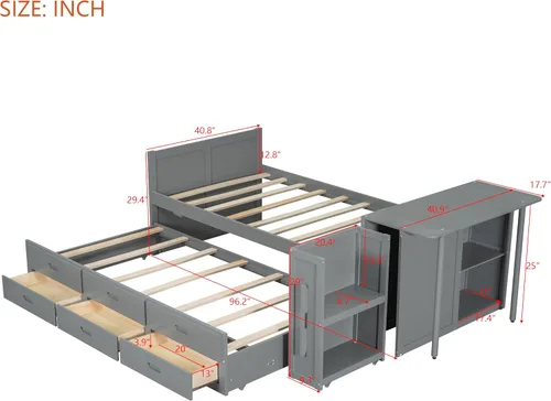 Vista 2 de VilroCaz Cama de plataforma multifunción tamaño twin con escritorio y estante de almacenamiento al final de la cama, marco de cama de plataforma