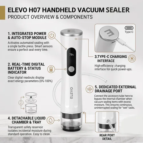 Vista 5 de ELEVO Sellador al vacío de mano para alimentos, sellador recargable de 1800 mAh (500 sellos/carga) con parada automática inteligente, 30 bolsas