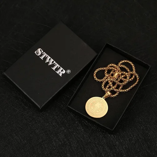 Vista 7 de STWTR Collar de medalla de San Benito de acero inoxidable medalla de sacramento cristiano joyería antimalvada regalo católico para hombres y mujeres