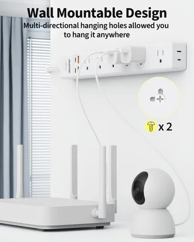 Vista 6 de Regleta protectora de sobretensiones de 6 pies, 7 tomacorrientes, 4 puertos USB (2 USB C), cable de extensión plano ultrafino y enchufe plano, 1700