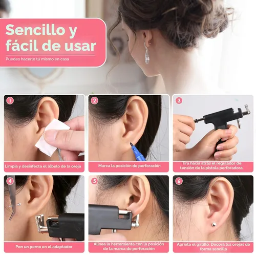 Vista 5 de Kit Profesional de Pistola para Perforación de Orejas, Pistola de Perforación Reutilizable con Aretes de Acero Inoxidable para Perforación, Aretes