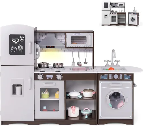Vista 2 de HONEY JOY Juego de cocina para niños, cocina de madera modular de 2 piezas para niños pequeños y lavadora con fregadero, campana extractora