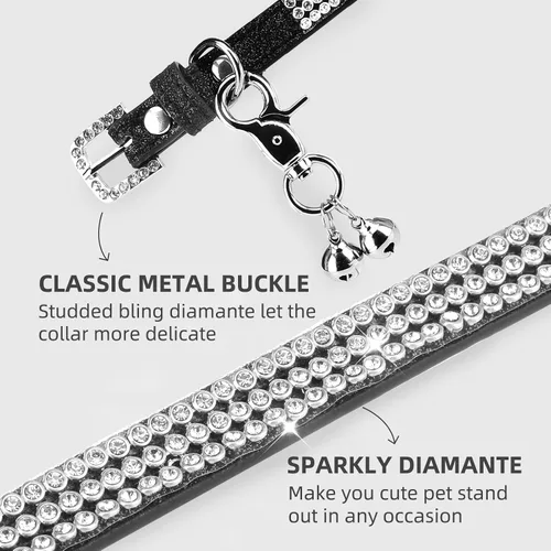 Vista 3 de PUPTECK Collar básico ajustable para gato con diamantes brillantes y campanas dobles, para gatitos y cachorros pequeños, collares de diamantes