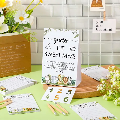 Vista 3 de Juego de 67 piezas de pañales sucios de Guess The Sweet Mess para baby shower, incluye letrero de Adivina el dulce lío, 50 tarjetas pequeñas, 10