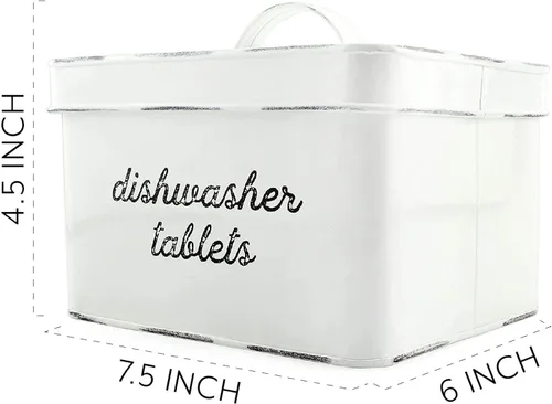 Vista 6 de AuldHome - Soporte para cápsulas de lavavajillas, contenedor para tabletas; esmalte blanco rústico para almacenamiento de cocina con tapa