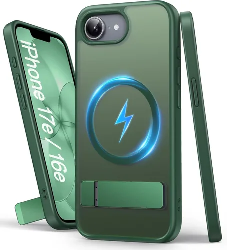 Vista 24 de Funda para iPhone 16e, Compatible con MagSafe y Soporte Integrado, Caída de Grado Militar, Mate Rugoso Resistente a Golpes Translúcido de Metal