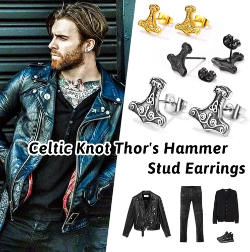 Vista 5 de FaithHeart Norse Vikingo Jewelry - Aretes de tuerca de plata de ley de acero inoxidable, lobo celtamartillo de Thors para mujeres y hombres, Acero