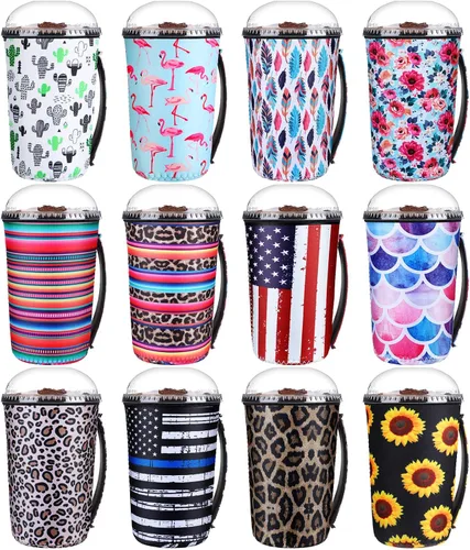Vista 14 de Boao 12 fundas para vaso de neopreno reutilizables con asa, funda aislada para taza para café helado, bebida fría, anticondensación, sin sudor