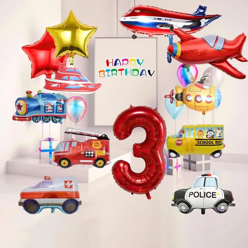 Vista 6 de 12 globos de transporte, camión, avión, autobús escolar, camión de bomberos, coche de policía, barco, ambulancia, submarino, globo de papel