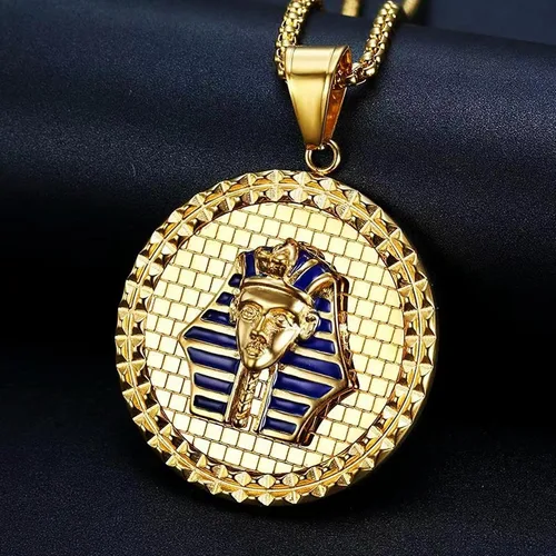 Vista 2 de Horus Pharaoh King - Cadena con colgante redondo para hombre, collar con colgante redondo TUT para hombre, momia egipcia, Akhnaton, motociclista