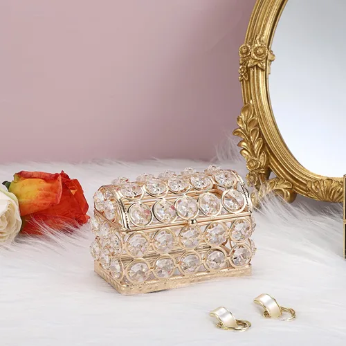 Vista 2 de Hipiwe Caja de joyería de cristal, caja dorada con espejo del tesoro, pequeña caja de recuerdos, vitrina decorativa para joyas, organizador