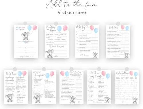Vista 7 de GENDER REVEAL - Juego de fiesta de caricaturas para padres, paquete de 25 unidades, juego de baby shower rosa o azul, juego de baby shower, combina