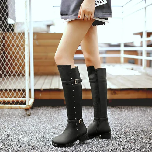 Vista 2 de Botas De Motociclista De Talla Grande Para Mujer, Botas Con Cremallera Lateral Y Hebilla De Tacón Alto Y Bajo Hasta La Rodilla, Botas De Moto De