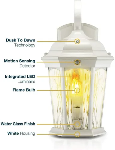 Vista 4 de Euri Lighting EFL-140W-MD Linterna de Llama Parpadeante, Cristal al Agua, con Luz de Seguridad Integrada (3000K), Fotocélula y Sensor de Movimiento