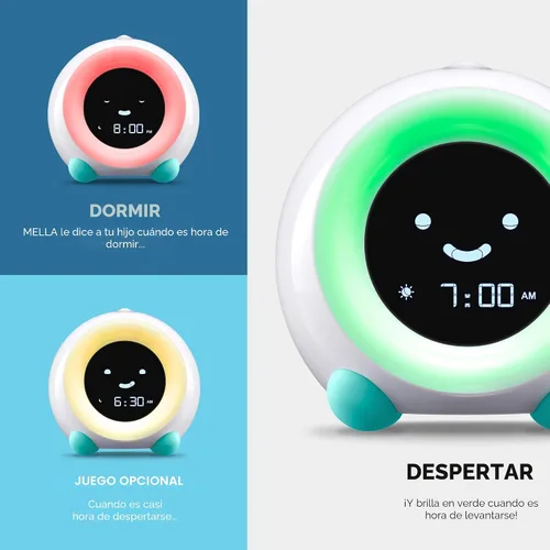Vista 2 de LittleHippo Mella: Reloj despertador para niños, entrenador de sueño para niños listo para despertar, luz nocturna, máquina de sonidos y OK