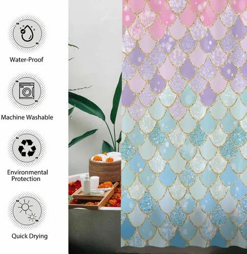 Vista 4 de Allenjoy Cortina de ducha con escamas de sirena de 72 x 72 pulgadas para baño, océano bajo el mar, decoración de baño rosa y azul, tela impermeable