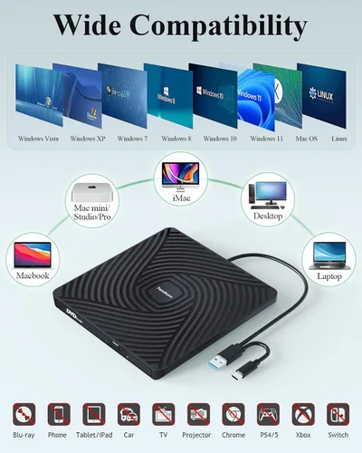 Vista 6 de PeroBuno Unidad externa de CD DVD, unidad óptica USB 3.0 tipo C, lector de discos CD ROM DVD ultradelgado de 0.5 pulgadas, portátil