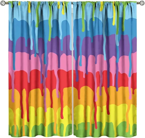 Vista 12 de Cortinas opacas abstractas de arco iris, pintura de color arcoíris con gotas, diseño gráfico creativo con bolsillo para barra, para sala de estar
