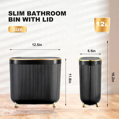 Vista 2 de Supteron - Cubo de basura para baño con tapa de 11.7 L, cubo de basura estrecho de plástico pequeño de 12 litros, cubo de basura rectangular