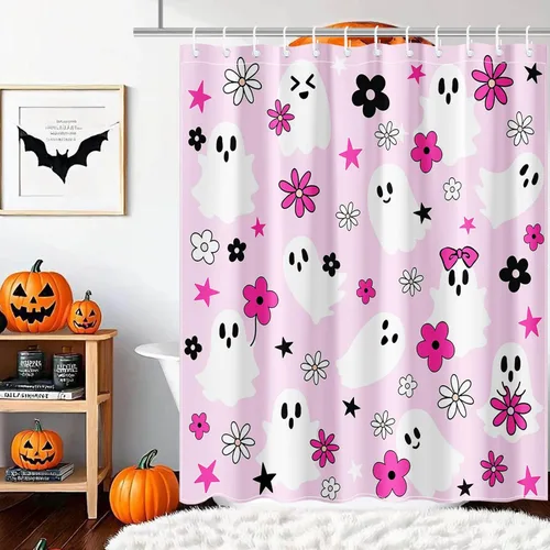Vista 7 de Mocsicka Cortina de ducha rosa de Halloween, bonita decoración de baño de fantasma, cortina de ducha de fantasma floral genial, cortina de baño