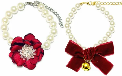 Vista 6 de Collar de perlas para perros y gatos pequeños con flores de cristal y corbatín de terciopelo, 2 piezas, ajustable y hecho a mano, Terciopelo