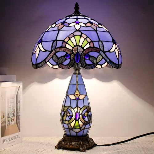 Vista 8 de Lámpara de Estilo Tiffany de Vidrio Manchado Azul Barroco de Mesa de 12X19 Pulgadas, Vaso Madre-Hija, Luz de Lectura para Escritorio, Decoración