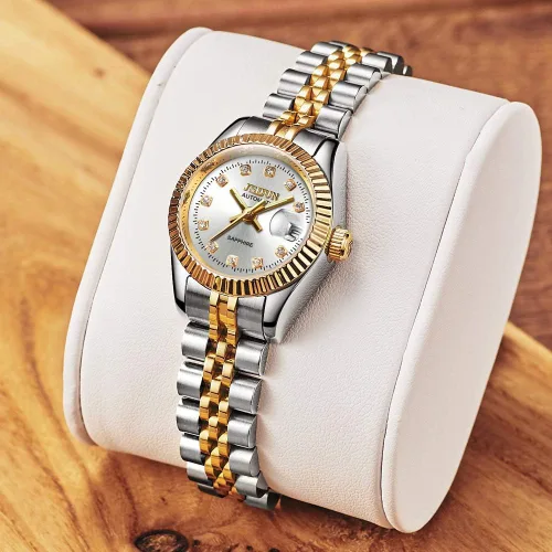 Vista 2 de OLEVS Relojes automáticos para mujer, oro y plata, acero inoxidable, impermeables, con fecha, estilo clásico
