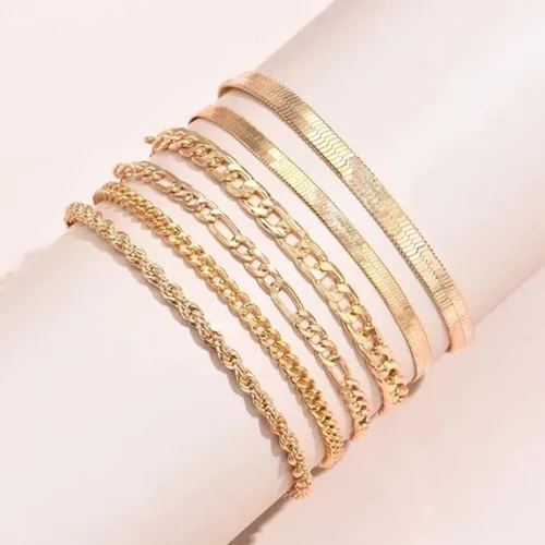 Vista 4 de Roe Dolph Pulseras apilables de oro para mujer, juego de pulseras de tobillo bohemias, pulseras de cadena cubana en capas, pulseras de cadena