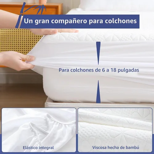 Vista 5 de Protector de colchón impermeable de viscosa de bambú tamaño Queen, funda de colchón refrescante para cama tamaño Queen, funda de colchón súper suave