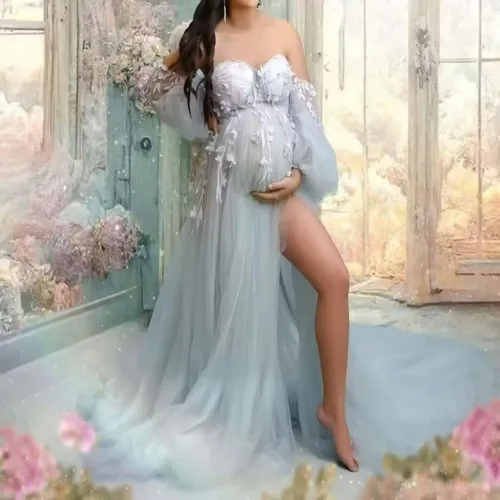 Vista 7 de FONGYUSHUN Vestido de maternidad de tul con apliques para sesión de fotos, manga larga hinchada, lencería nupcial, vestido de embarazo, vestido