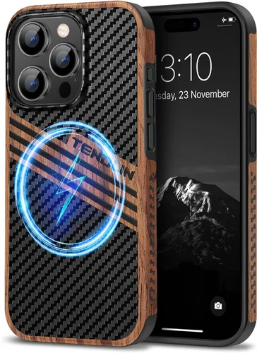 Vista 15 de TENDLIN Compatible con Funda para iPhone 15, Funda de Madera con Textura de Fibra de Carbono, Diseño Híbrido de Cuero Delgado (Negro)
