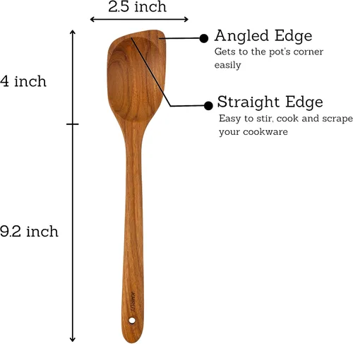Vista 2 de Cuchara de esquina de madera de mango largo de teca, 13.2 pulgadas, apta para teflón, utensilio de teca natural para utensilios de cocina