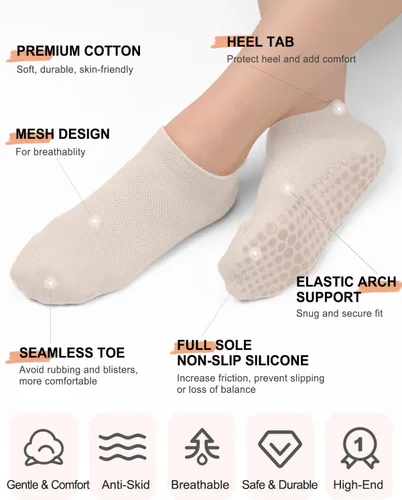 Vista 4 de Calcetines de pilates con empuñaduras para mujer, calcetines antideslizantes para yoga, barras, ballet, baile, entrenamiento descalzo, hospital