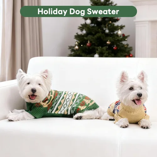 Vista 6 de PUMYPOREITY Suéter de vacaciones para perro, acogedor suéter de invierno, ajuste elástico, cuello alto, tema de Navidad para perros pequeños y Verde