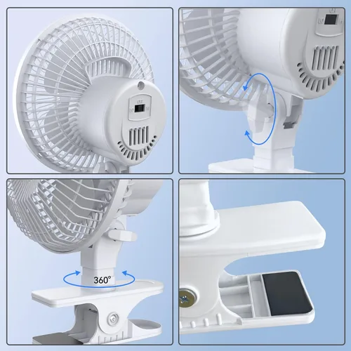 Vista 5 de shinic Ventilador portátil de clip de 6 pulgadas con abrazadera fuerte, 2 velocidades, cabeza ajustable, potente flujo de aire, mini ventilador