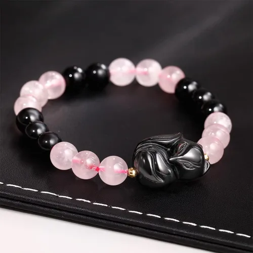Vista 5 de Pulsera de cuarzo rosa con obsidiana negra y zorro para mujer, cristales curados y piedras preciosas Reiki, pulsera de buena suerte, Piedra, Cuarzo