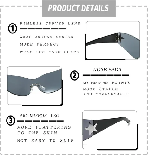 Vista 4 de Y2K - Gafas de sol para mujeres y hombres, de moda, envolventes, sin borlas, de gran tamaño, sin marco, de moda