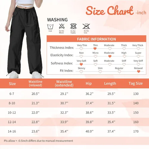 Vista 6 de Rolanko Pantalones de paracaídas para niñas, pantalones cargo Y2K con bolsillos, pantalones deportivos Harajuku para niños de 4 a 14 años