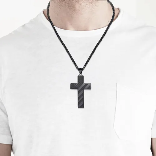 Vista 2 de Regalos para adolescentes y novios, cadena negra de bandera estadounidense para hombre, collar con colgante de cruz para hombre, regalos
