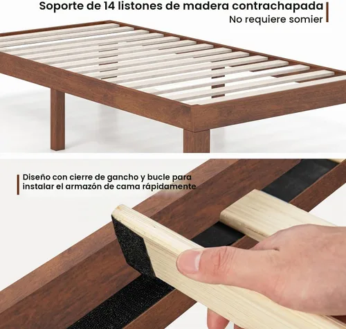 Vista 6 de KOMFOTT Armazón de cama de plataforma de madera de 14 pulgadas, tamaño Twin, base de colchón de madera con marco de madera de caucho, fuerte soporte