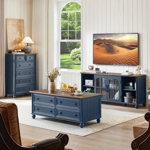 Vista 9 de RWYHG - Mesa de centro de granja de 48" con almacenamiento oculto, mesas de café de madera con 4 cajones y mango de columna romana, mesa rústica