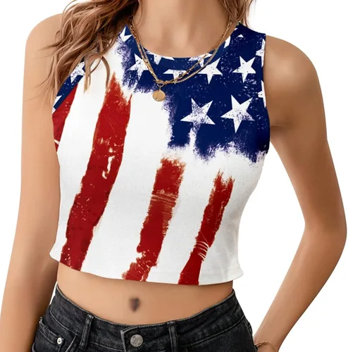 Vista 2 de Camiseta corta con bandera estadounidense para mujer, patriótica de Estados Unidos, para el 4 de julio, sexy, expuesta, suave, para verano, sin
