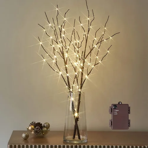 Vista 2 de Birchlitland - Ramas iluminadas marrones de 32 pulgadas, 100 luces LED con temporizador que funcionan con baterías, rama de árbol artificial