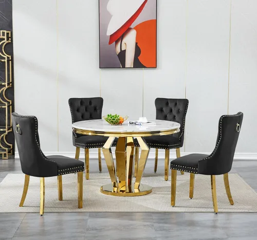 Vista 30 de Juego de 5 mesas de comedor, juego de mesa de cocina y comedor para 4, mesa de cocina rectangular de mármol sintético blanco de 47 pulgadas con base