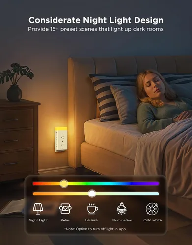 Vista 7 de Extensión de enchufe inteligente Govee, tira de alimentación inteligente de 3 lados con 2 tomas inteligentes y 2 puertos USB con luz nocturna RGB