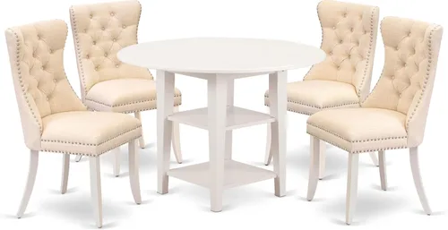 Vista 22 de East West Furniture SUDA5-LWH-12 - Juego de mesa de comedor de 5 piezas, incluye una mesa de cocina redonda con gotas y estantes y 4 sillas de tela