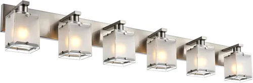 Vista 13 de Iluminación de aplique de pared de 2 luces con base de bombilla E26, lámpara de tocador de baño moderna de níquel cepillado para sobre espejo