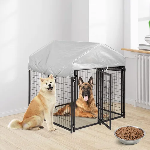 Vista 4 de Perrera para perros grandes, resistente a los rayos UV, resistente a los rayos UV, 4 x 4 x 4.3 pies, alambre soldado de metal con techo impermeable
