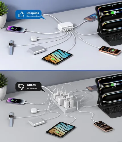 Vista 4 de Bloque de Carga USB C Retráctil 8-en-1 Mejorado, Hub de Estación de Carga Múltiple GaN de 120W con Cable Lightning y Tipo C, Enchufe de Tira